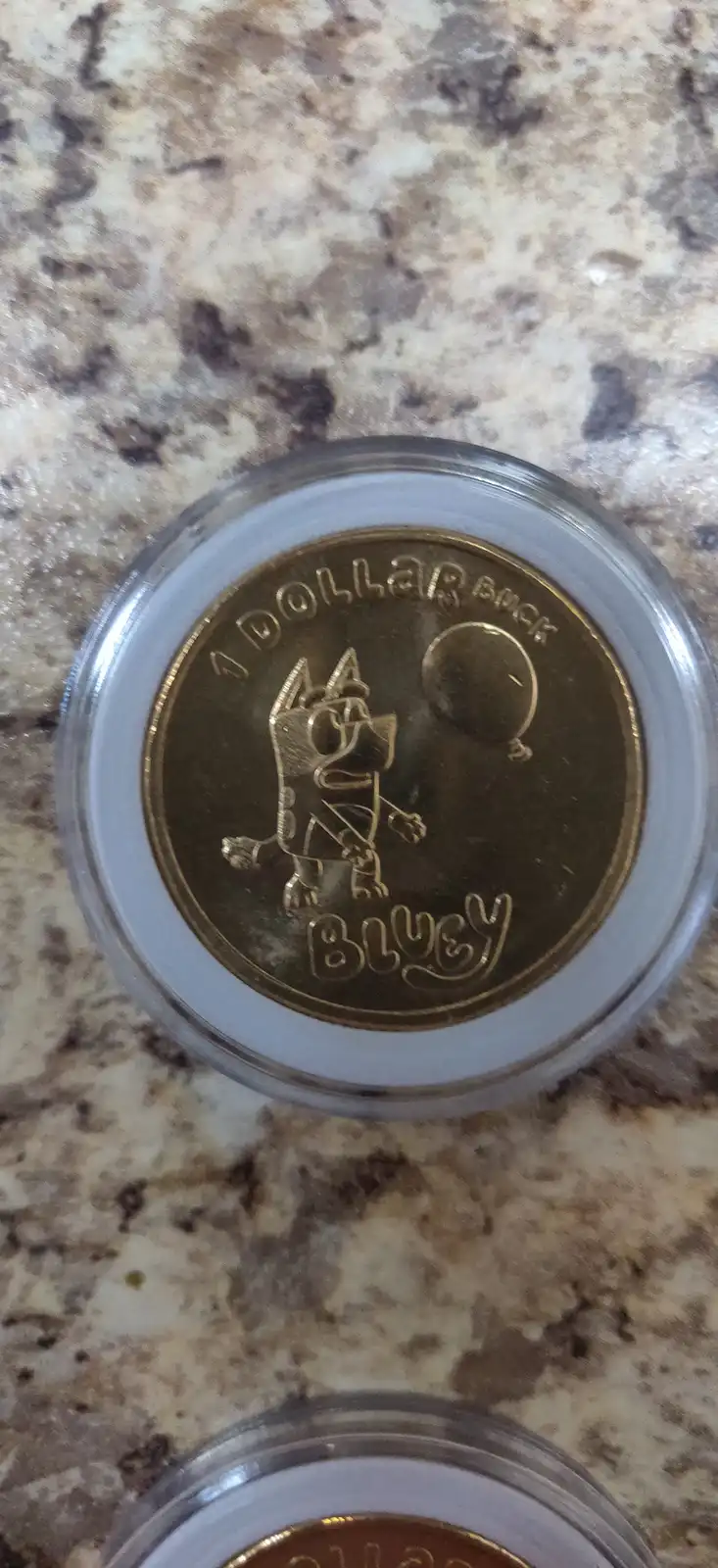 A close-up photo shows a gold-colored coin in a clear plastic holder, resting on a speckled countertop. The coin features an…