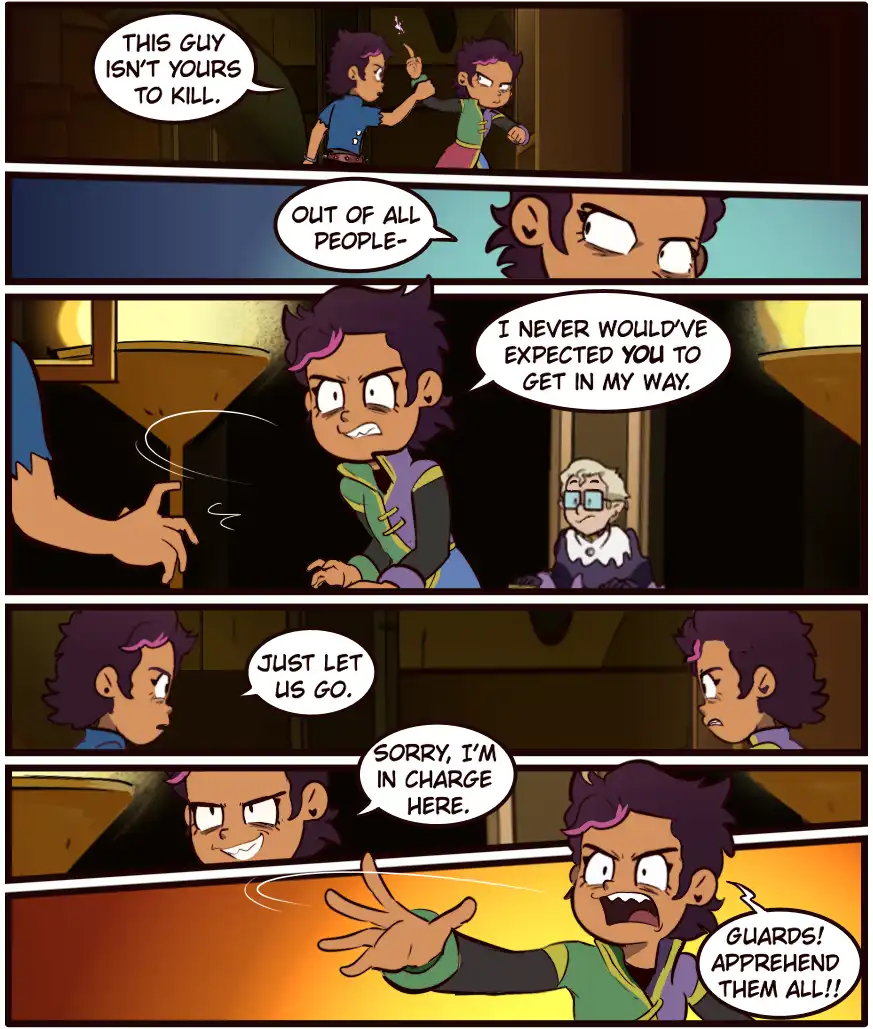 A five-panel comic strip from 'The Owl House' shows a character with purple hair and a green outfit asserting authority over…