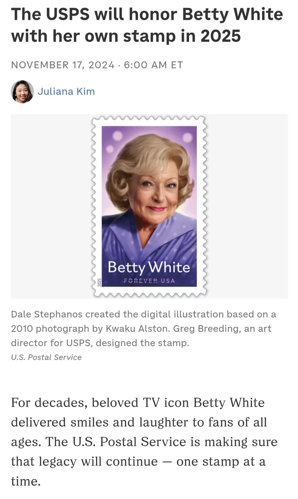 An image of a U.S. Postal Service commemorative stamp featuring a portrait of actress Betty White, with her name and…