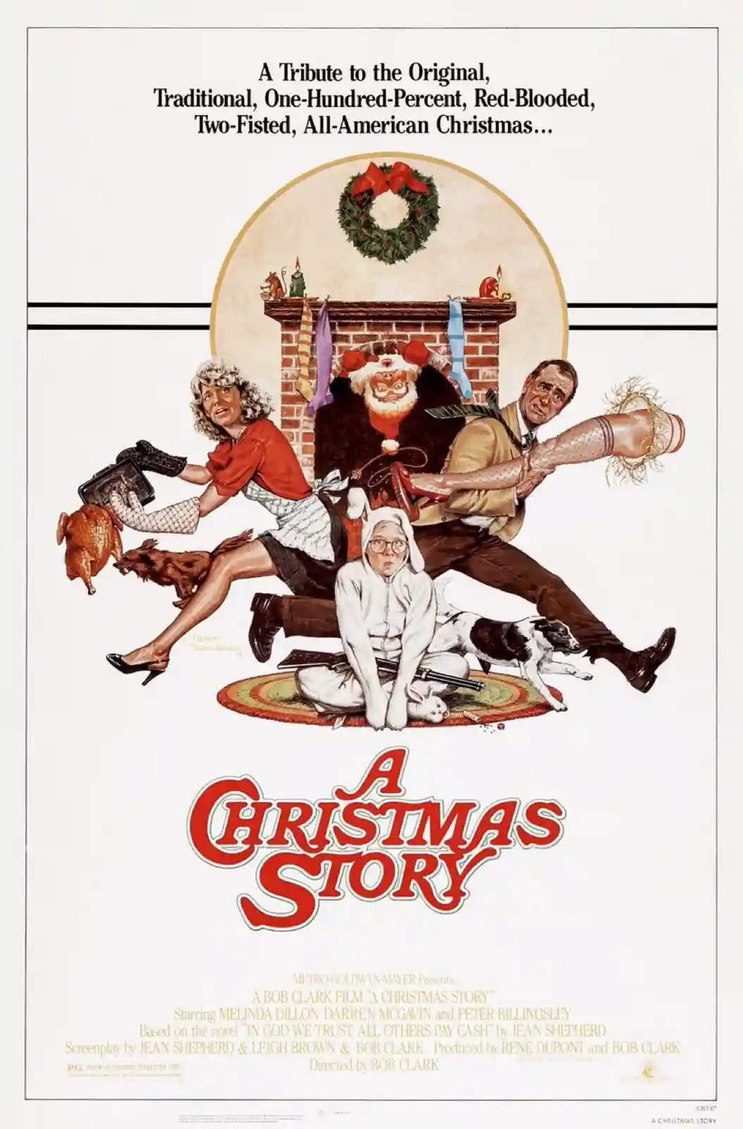 The image is a movie poster for 'A Christmas Story' showing a chaotic holiday scene with a woman holding a turkey, a man…