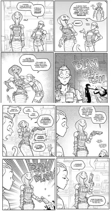 A black-and-white comic strip featuring a snake-like alien woman in tactical armor interacting with a human soldier. The…