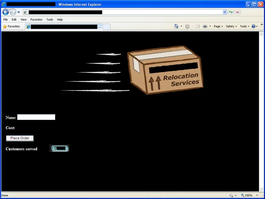A screenshot of an old Windows Internet Explorer browser window displaying a cartoon cardboard box labeled 'Relocation…