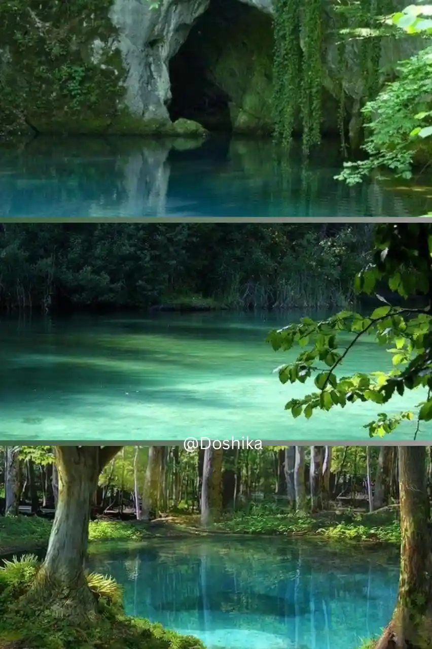 The image is a vertical collage of three separate photos, each showing a different serene, crystal-clear natural pool…