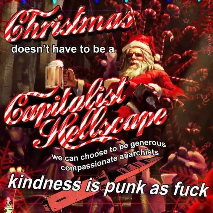 An image of a menacing Santa Claus with multiple candy cane tentacles, holding a beer mug, overlaid with bold red text…