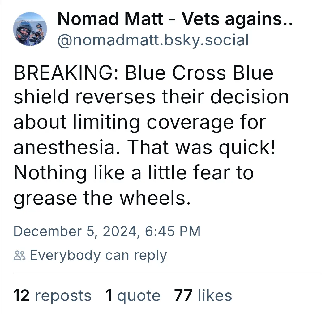 A screenshot of a social media post by 'Nomad Matt - Vets agains..' showing a breaking news-style announcement that Blue…