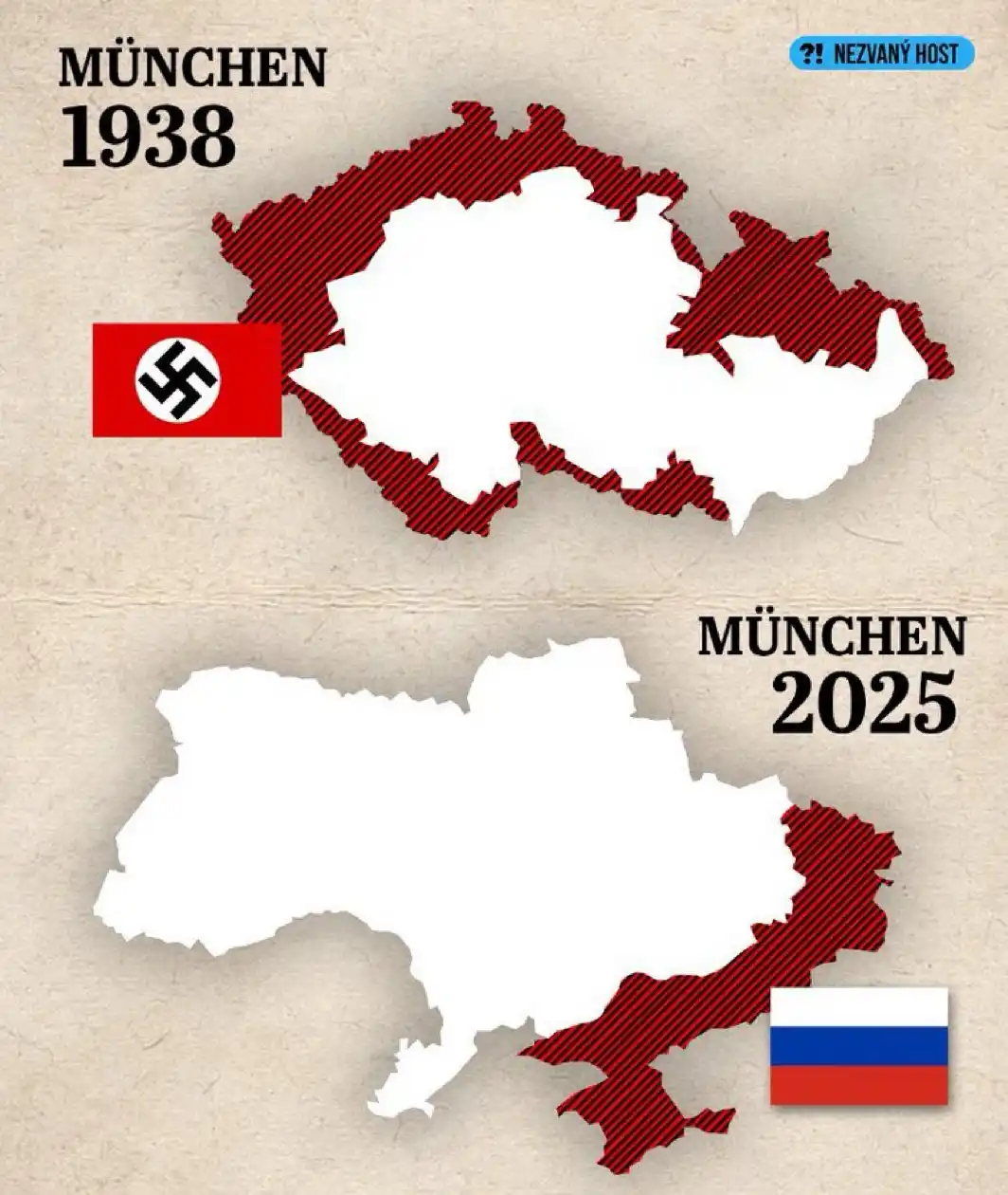 The image displays two maps side-by-side. The top map, labeled 'MÜNCHEN 1938', shows a red-striped outline of Czechia with a…