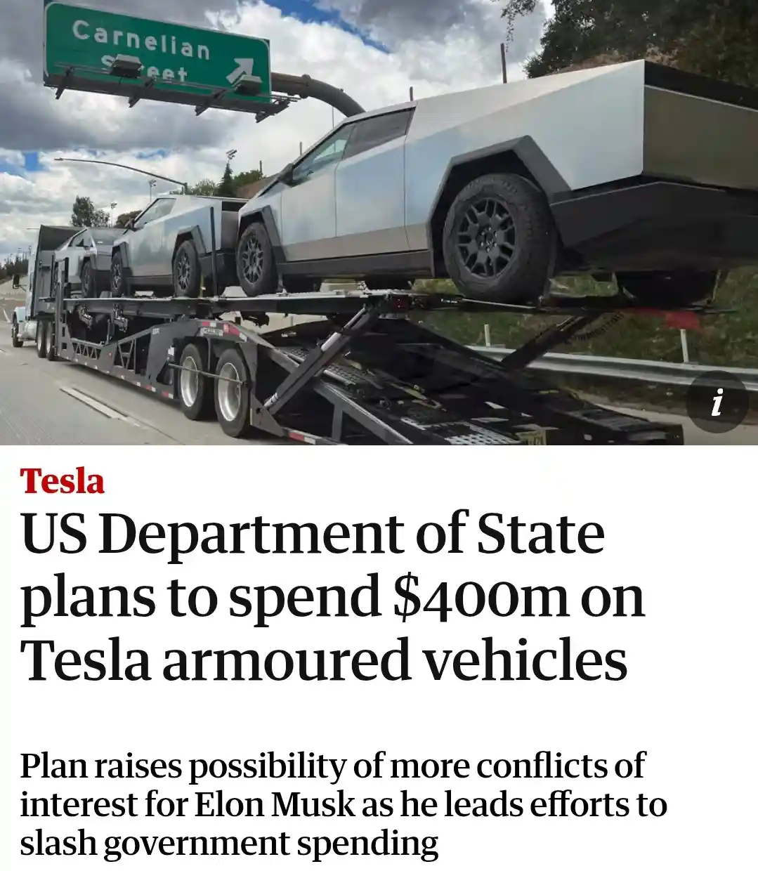 A flatbed truck carries multiple silver Tesla Cybertruck vehicles on a highway under a green 'Carnelian Street' sign…