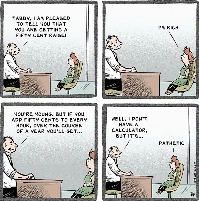 A four-panel comic strip shows a boss telling an employee named Tabby she's getting a 50-cent raise. She responds 'I'm…