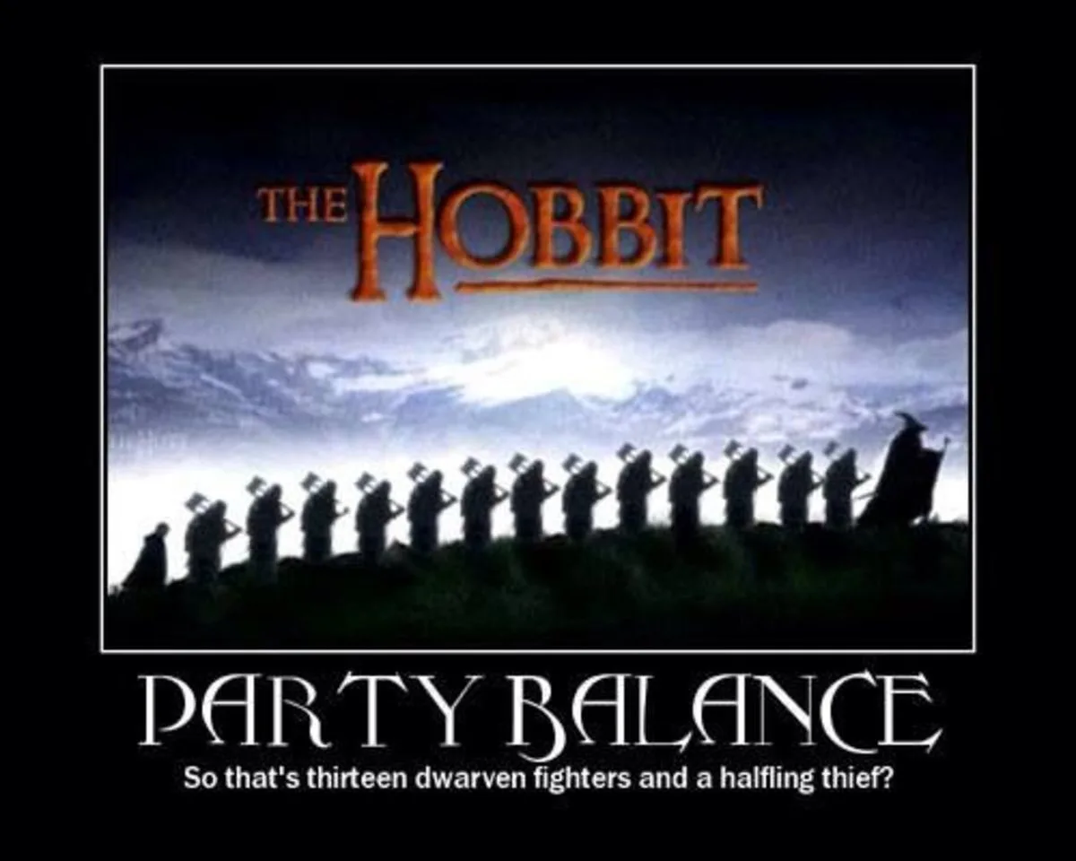 The image shows the movie title 'THE HOBBIT' above a silhouette of a line of thirteen dwarves and one halfling standing on a…