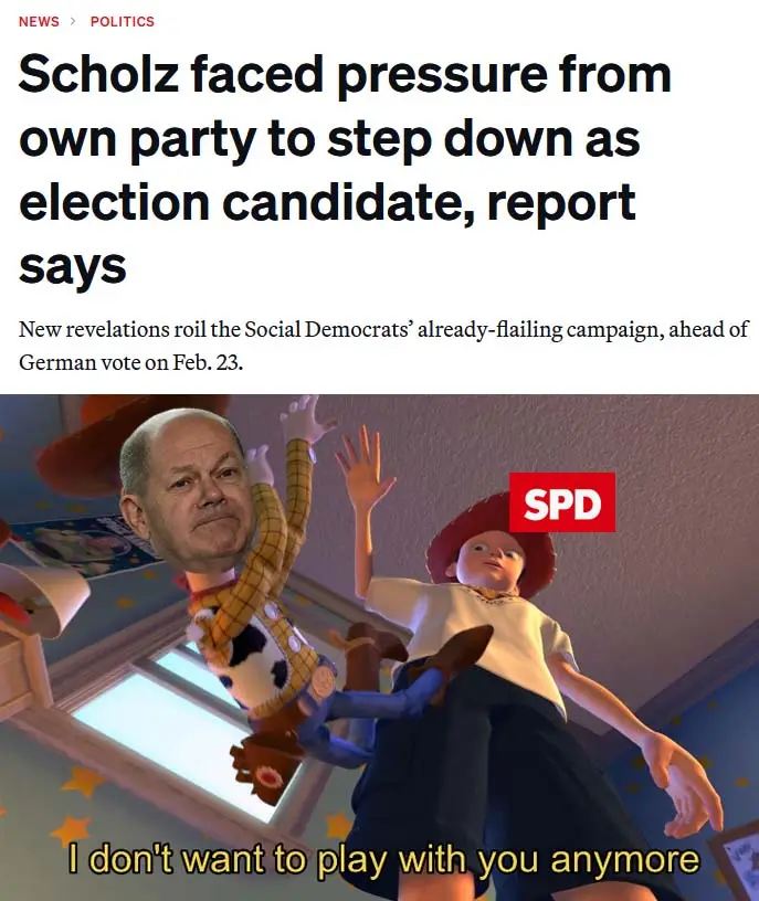 A screenshot of a news article about German politician Scholz facing pressure from his own party, overlaid with an image…