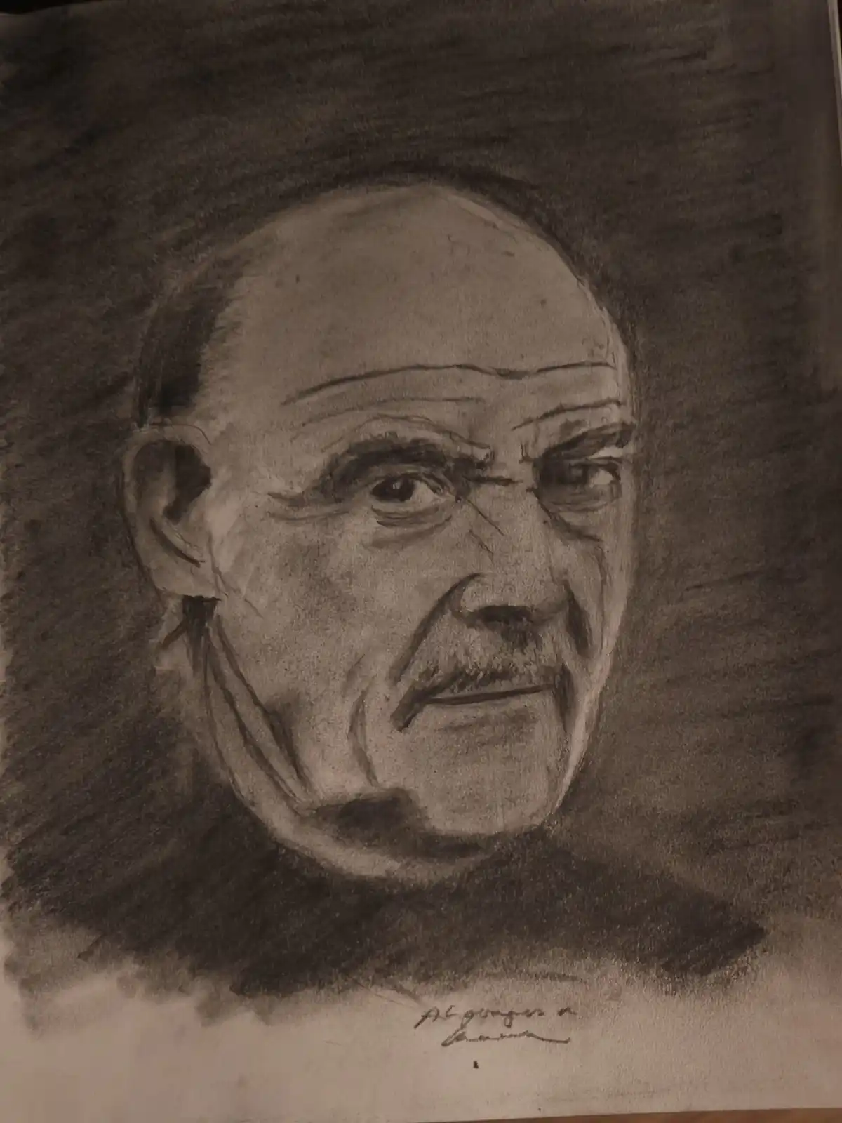 A charcoal sketch of an elderly man with a stern expression, balding head, and mustache, looking slightly to the side. The…