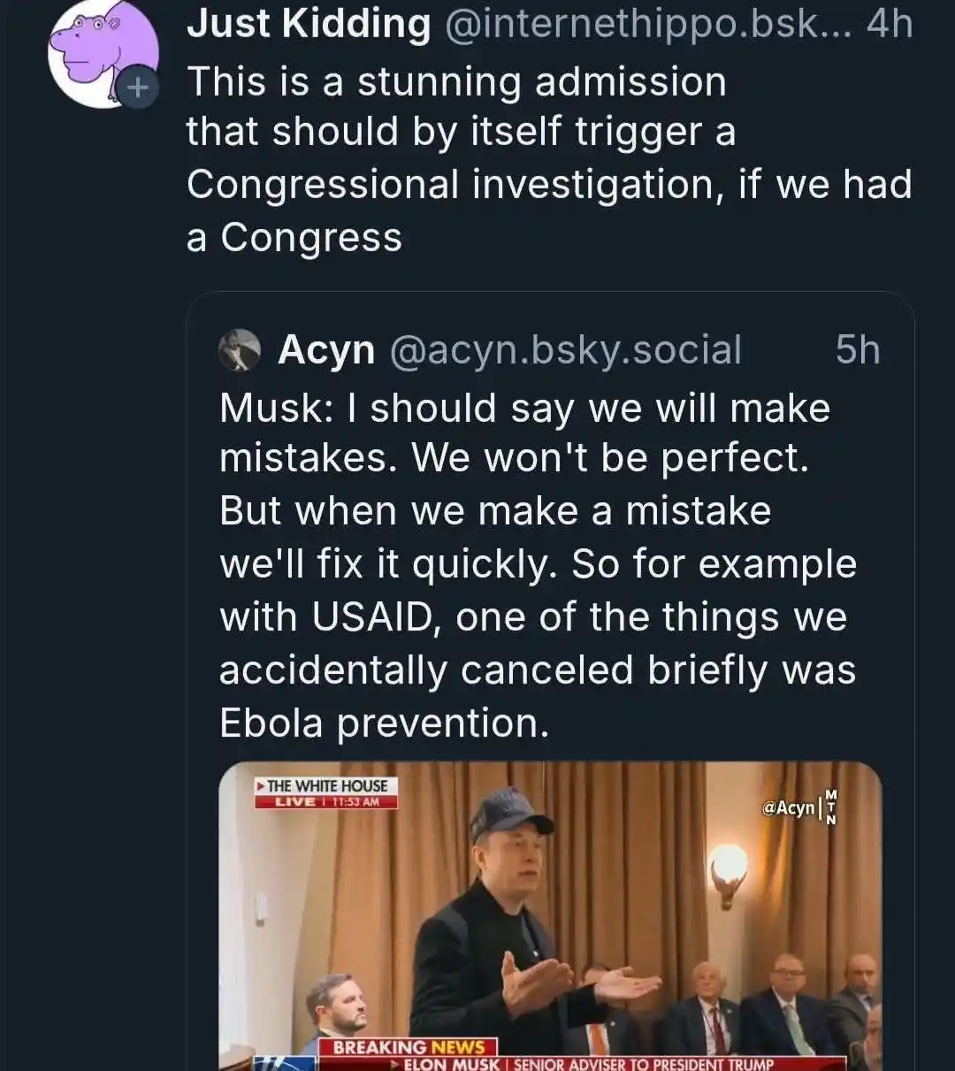 A screenshot of a social media thread shows a reply from 'Acyn' quoting Elon Musk saying they'll fix mistakes quickly, using…