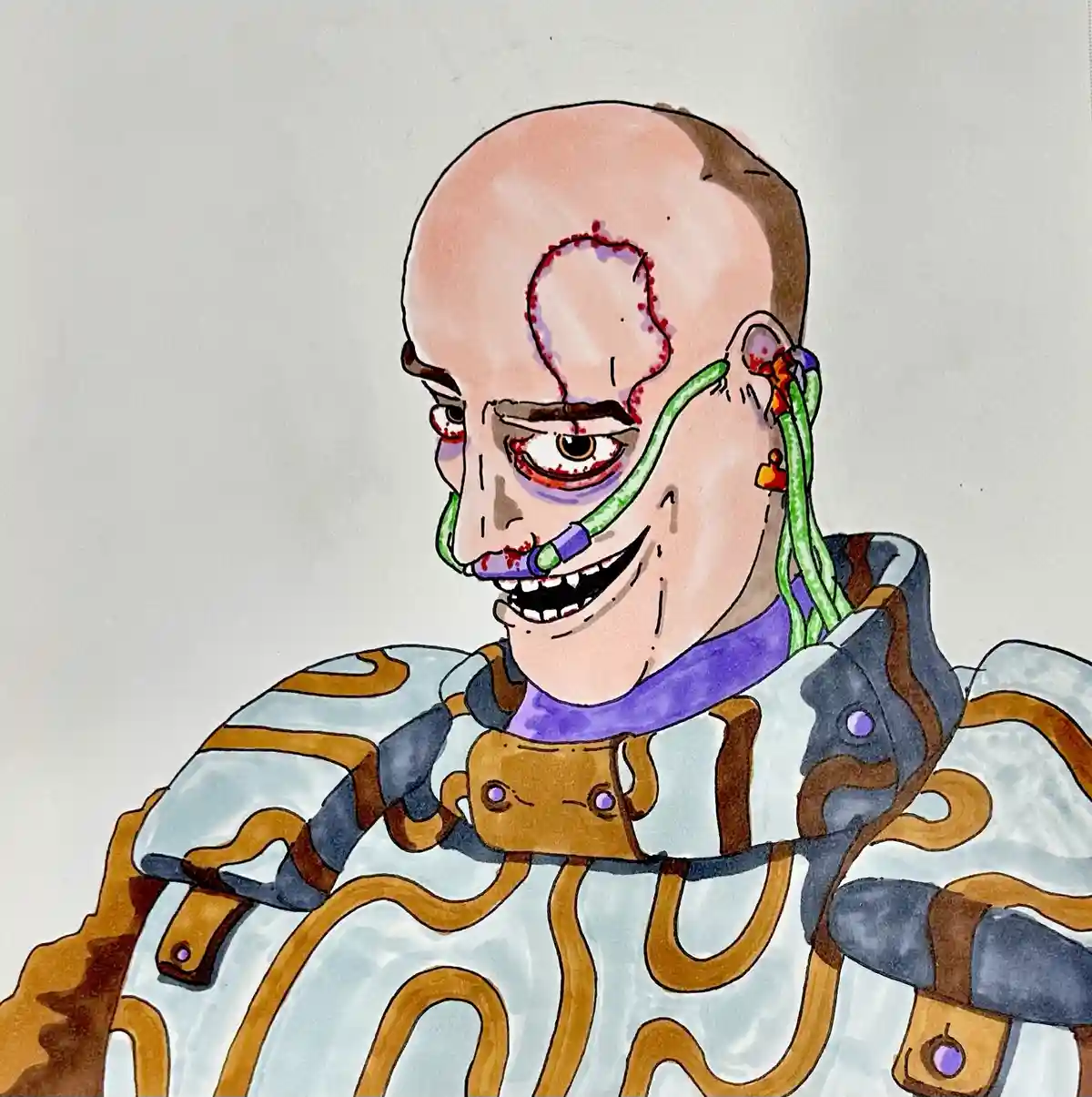A hand-drawn illustration depicts a bald, grimacing man with visible injuries, including a stitched wound on his forehead…