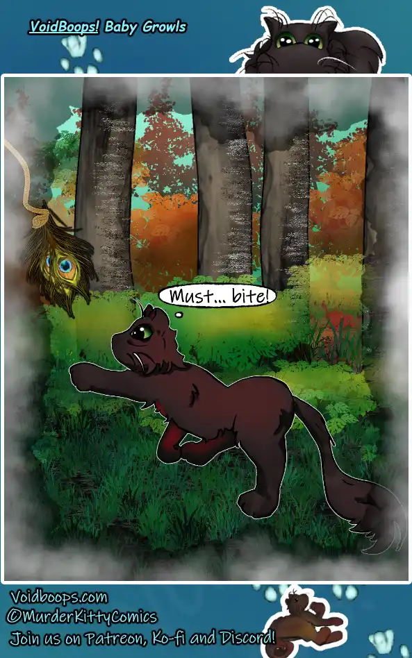 A cartoon baby panther with green eyes is lunging forward in a forest, determined to bite something. A peacock feather with…