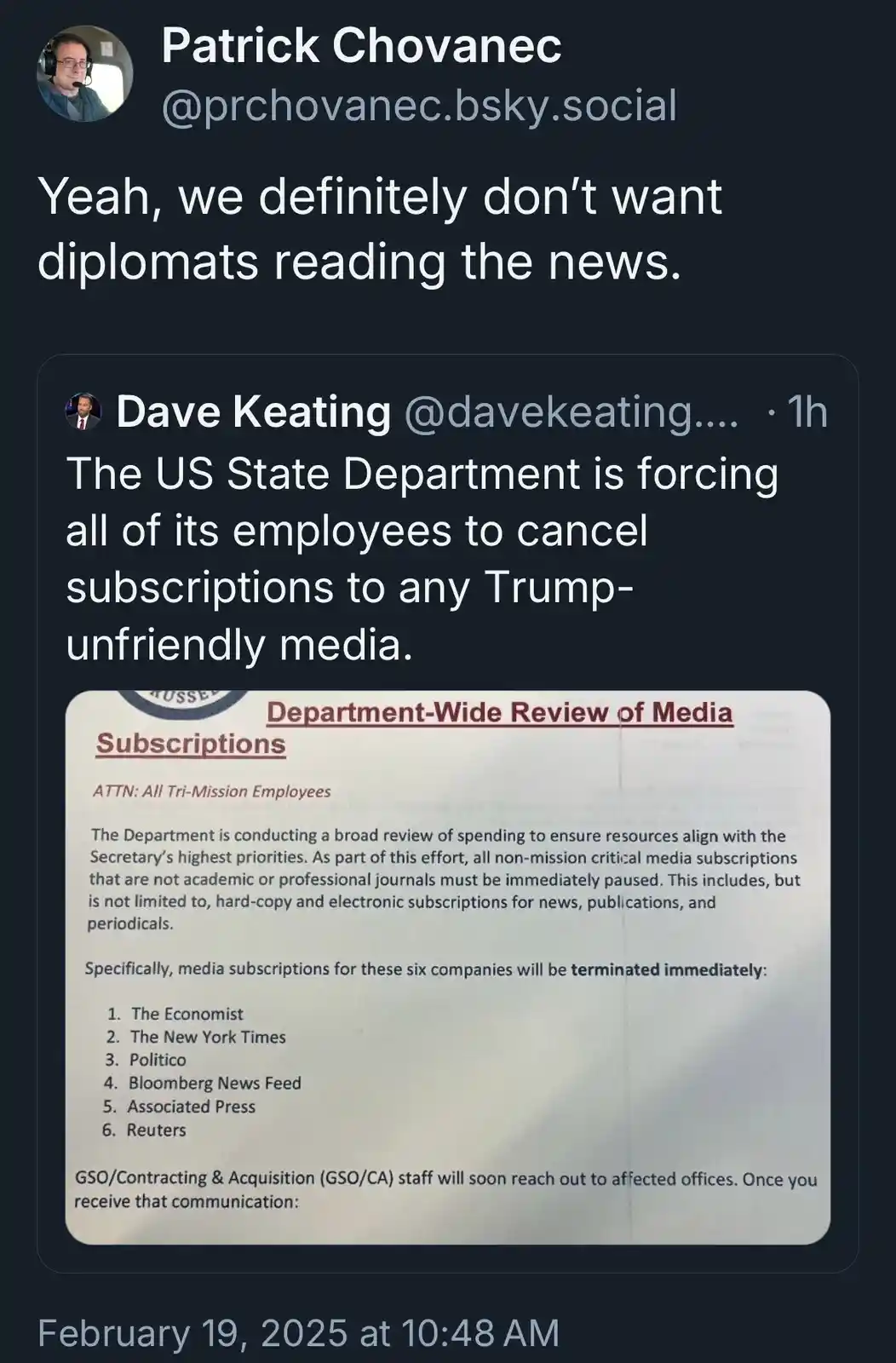 A screenshot of a social media post by Patrick Chovanec, who comments 'Yeah, we definitely don't want diplomats reading the…