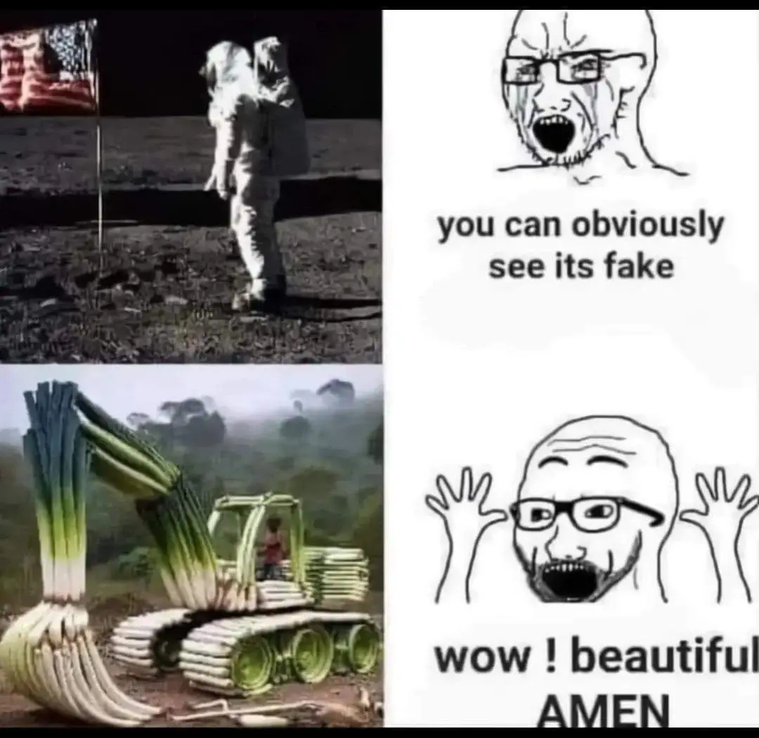 The image is a four-panel meme. Top-left shows an astronaut on the moon next to an American flag. Top-right features a…