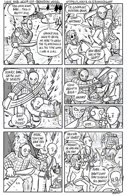 A black-and-white comic strip with six panels showing two masked characters and a third character in a forest setting. One…