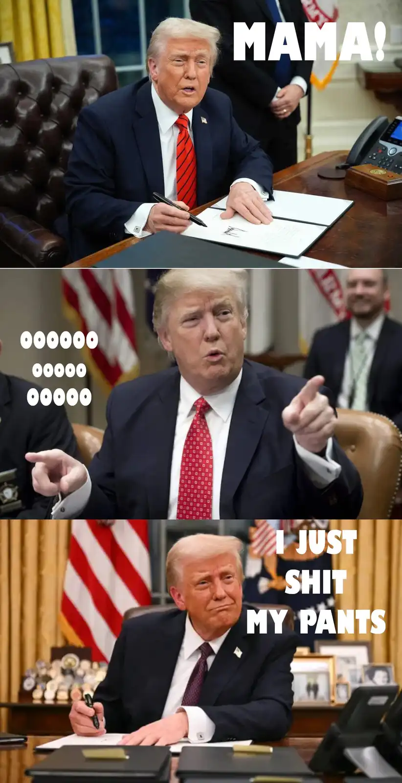 The meme features three images of Donald Trump in the Oval Office. In the top panel, he looks up and shouts 'MAMA!'. The…