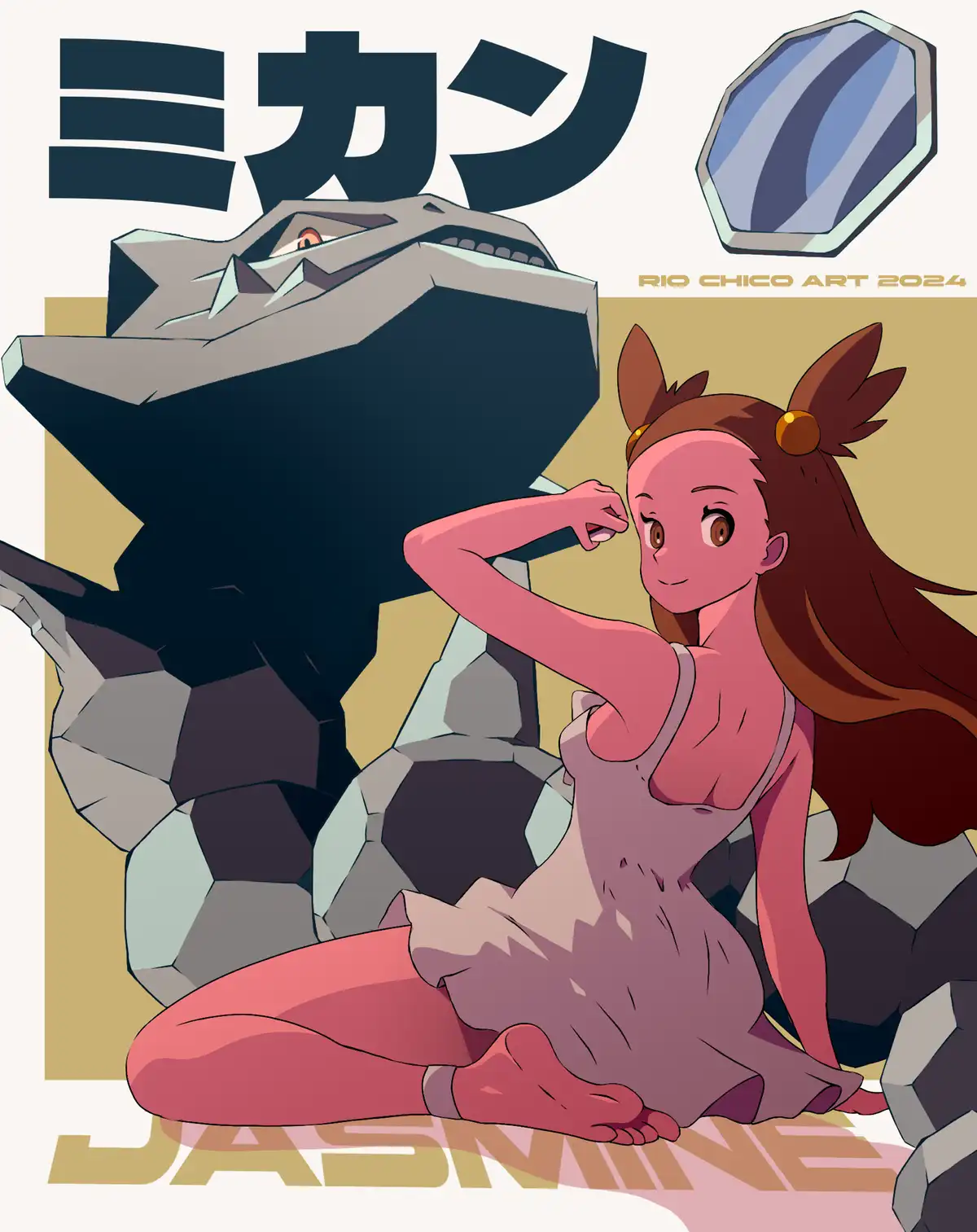 An anime-style illustration shows a pink-skinned girl with brown hair and animal-like ears sitting confidently and flexing…