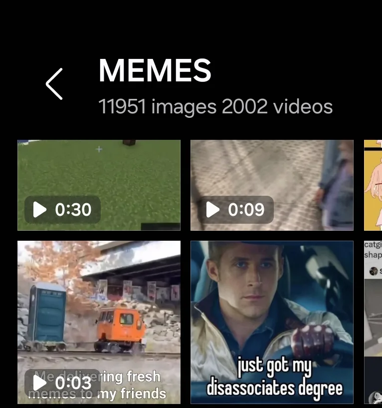 A screenshot of a meme gallery app showing four thumbnails. The bottom-right thumbnail features actor Ryan Gosling looking…