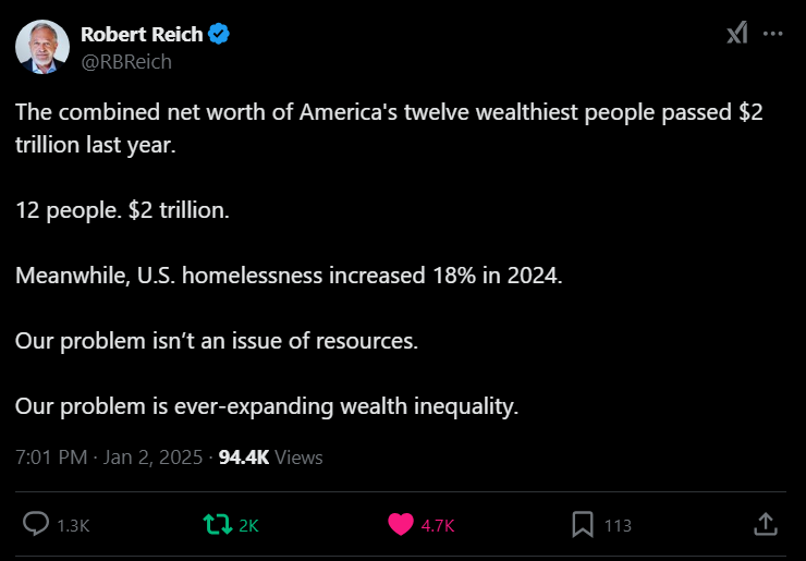 A screenshot of a tweet from Robert Reich's verified account showing text that states the combined net worth of America's…