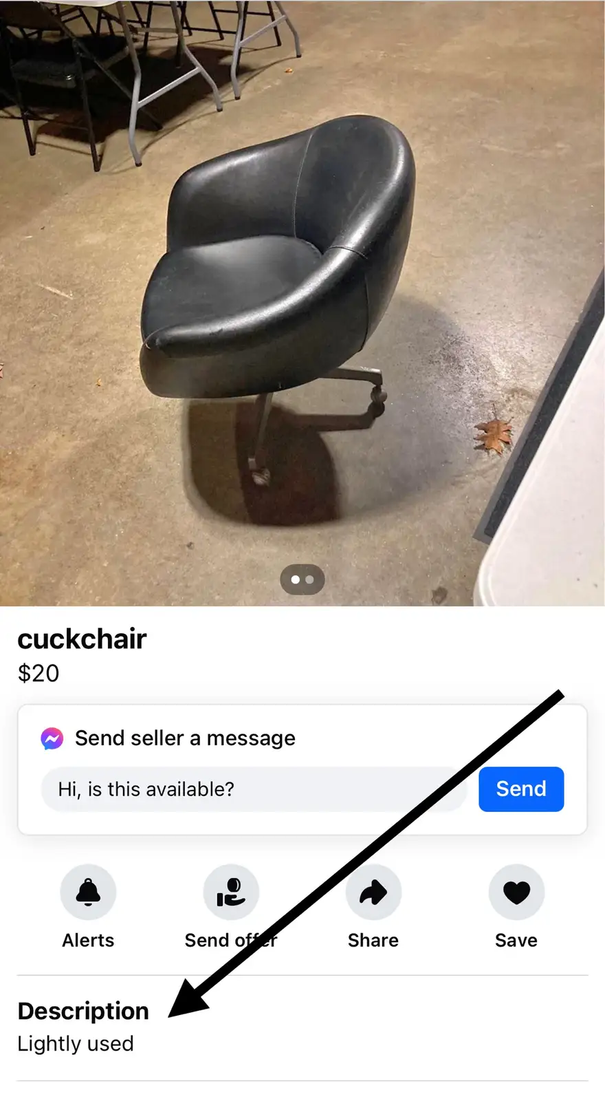 A black, modern-style swivel chair sits on a concrete floor in what looks like a garage or storage area, with a few chairs…