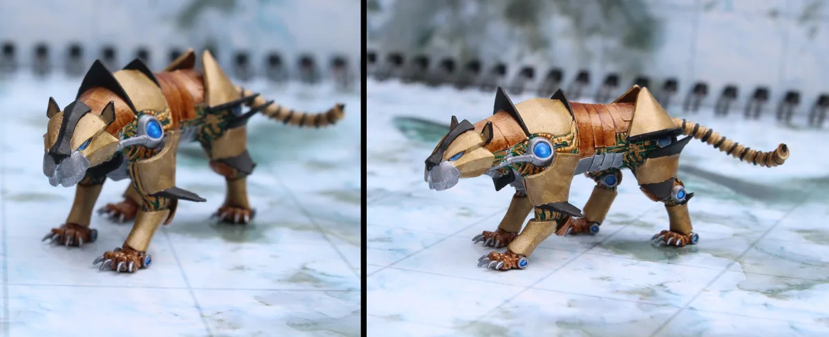 The image displays a side-by-side comparison of a custom-built, steampunk-style robotic tiger figurine on a tiled surface…