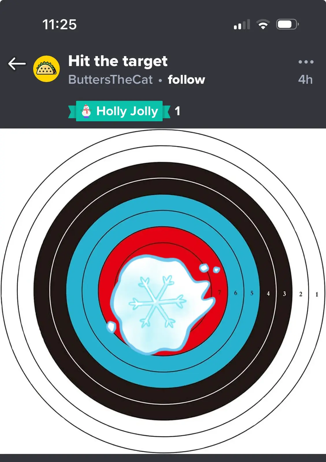 A screenshot of a social media post showing a target with concentric rings and a snowflake in the center, overlaid with the…
