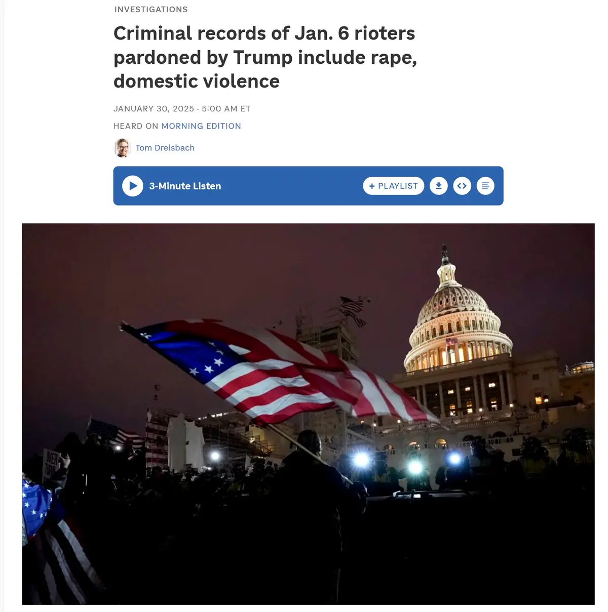 A news article screenshot shows a headline about Jan. 6 rioters pardoned by Trump, with a photo of a nighttime protest in…