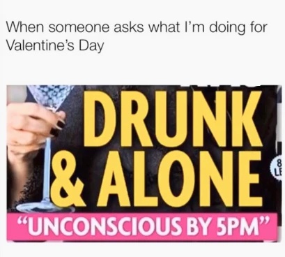 A person with dark nail polish holds a martini glass against a dark background. Large yellow text reads 'DRUNK & ALONE'…