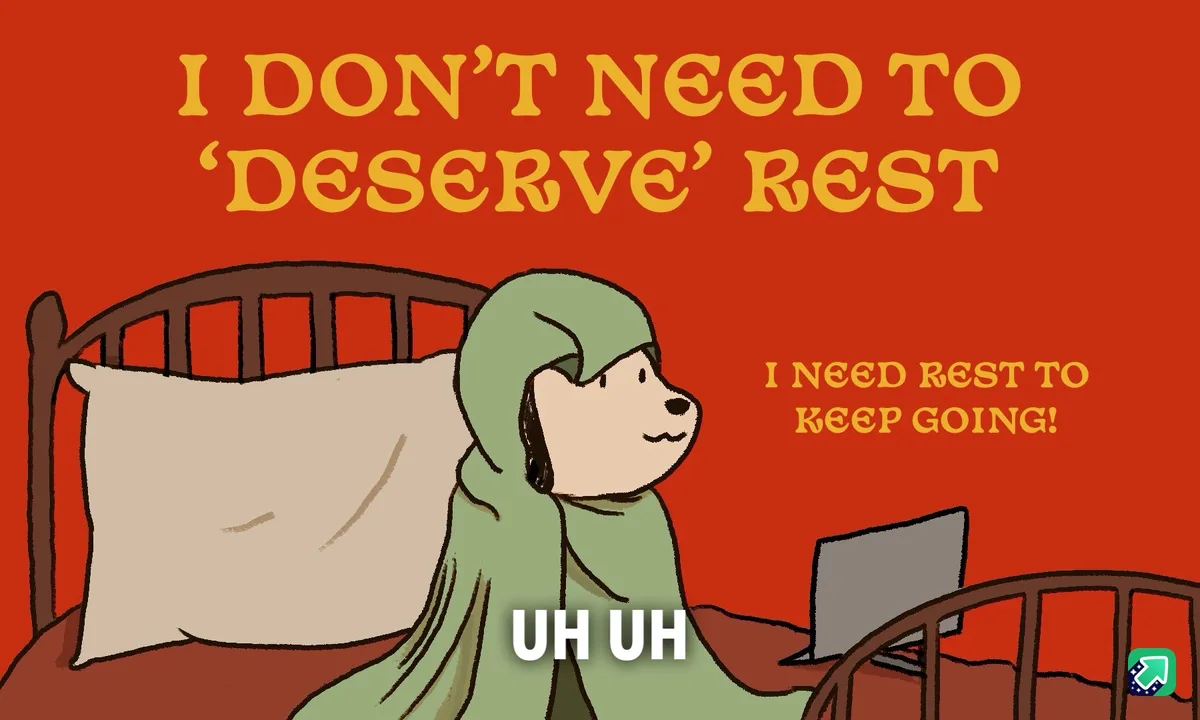 A cartoon dog in a green hooded robe sits in bed with a laptop, looking slightly annoyed. Large yellow text at the top reads…
