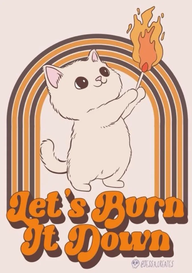 A cute, cartoon-style white kitten stands upright holding a lit match, set against a retro-style arched background of brown…