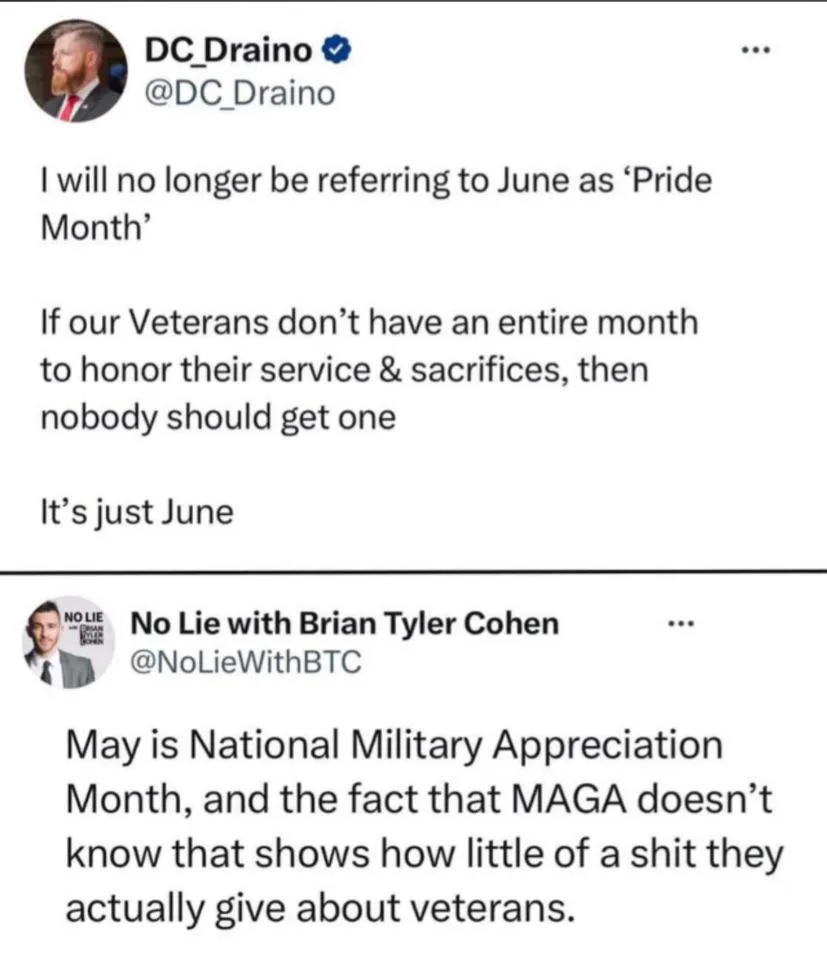 A screenshot of two Twitter posts. The top post from @DC_Draino states they will no longer call June 'Pride Month' because…