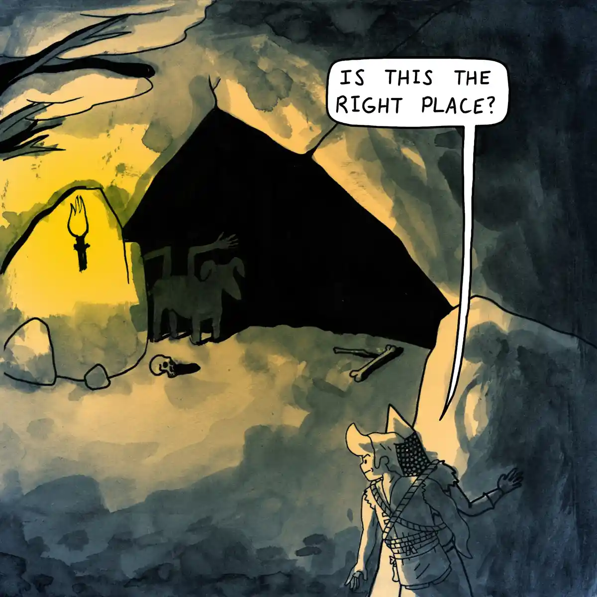 A cartoonish adventurer in armor stands before a dark, ominous cave entrance, looking uncertain. The scene is lit by a torch…
