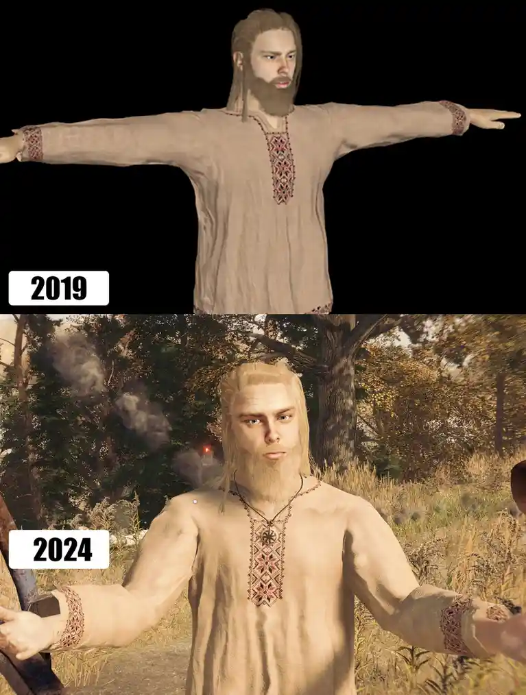 The image is split into two panels. The top panel shows a 3D-rendered man with a beard and long hair, wearing a beige tunic…