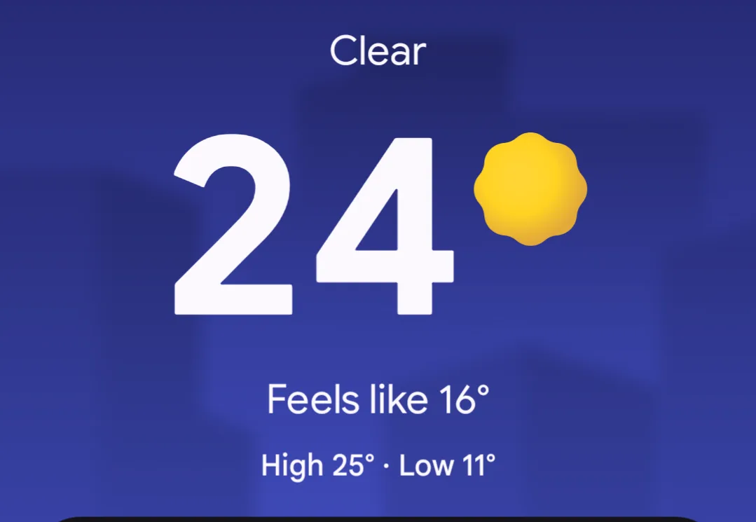 A weather app screenshot shows a sunny day with a temperature of 24 degrees Celsius, but the 'feels like' temperature is 16…