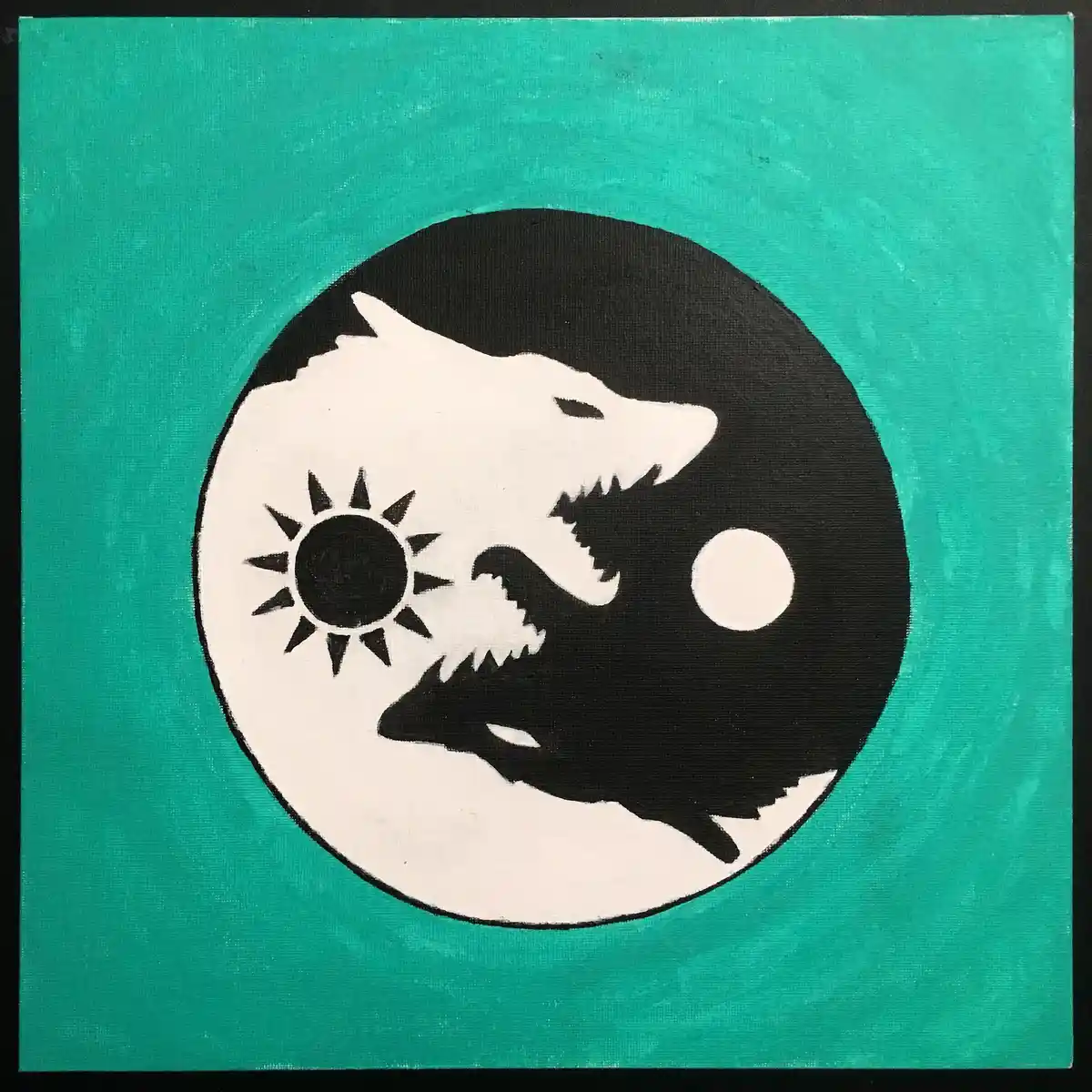 A hand-painted canvas features a yin-yang symbol in black and white, with a white wolf silhouette in the white half and a…