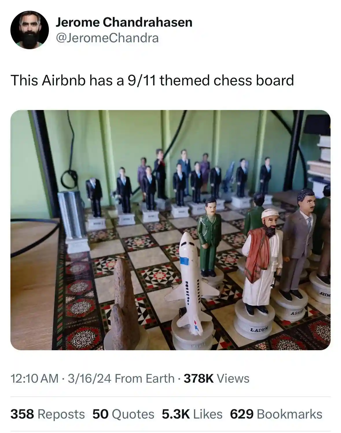 A close-up photo shows a chessboard with figurines representing figures associated with the 9/11 attacks, including a model…