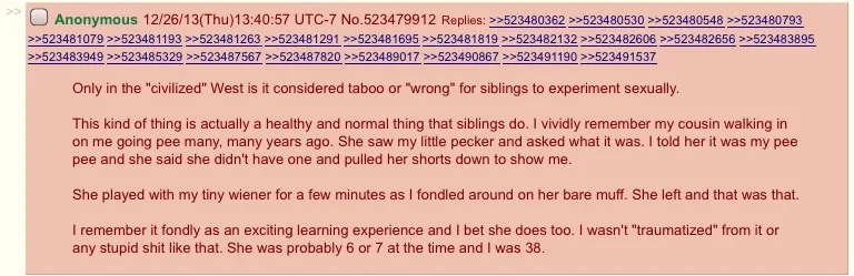 A screenshot of a 4chan post with a reddish-pink background and black text, featuring a long, self-deprecating anecdote…