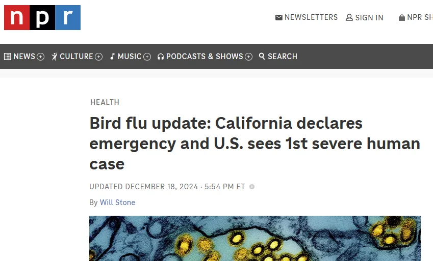 A screenshot of an NPR news article header showing a headline about a bird flu emergency in California and the first severe…