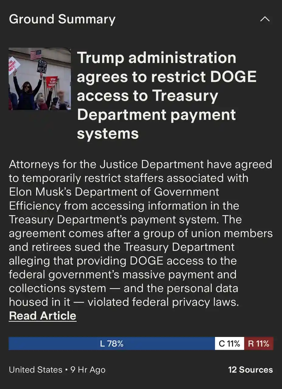 A screenshot of a news summary titled 'Trump administration agrees to restrict DOGE access to Treasury Department payment…