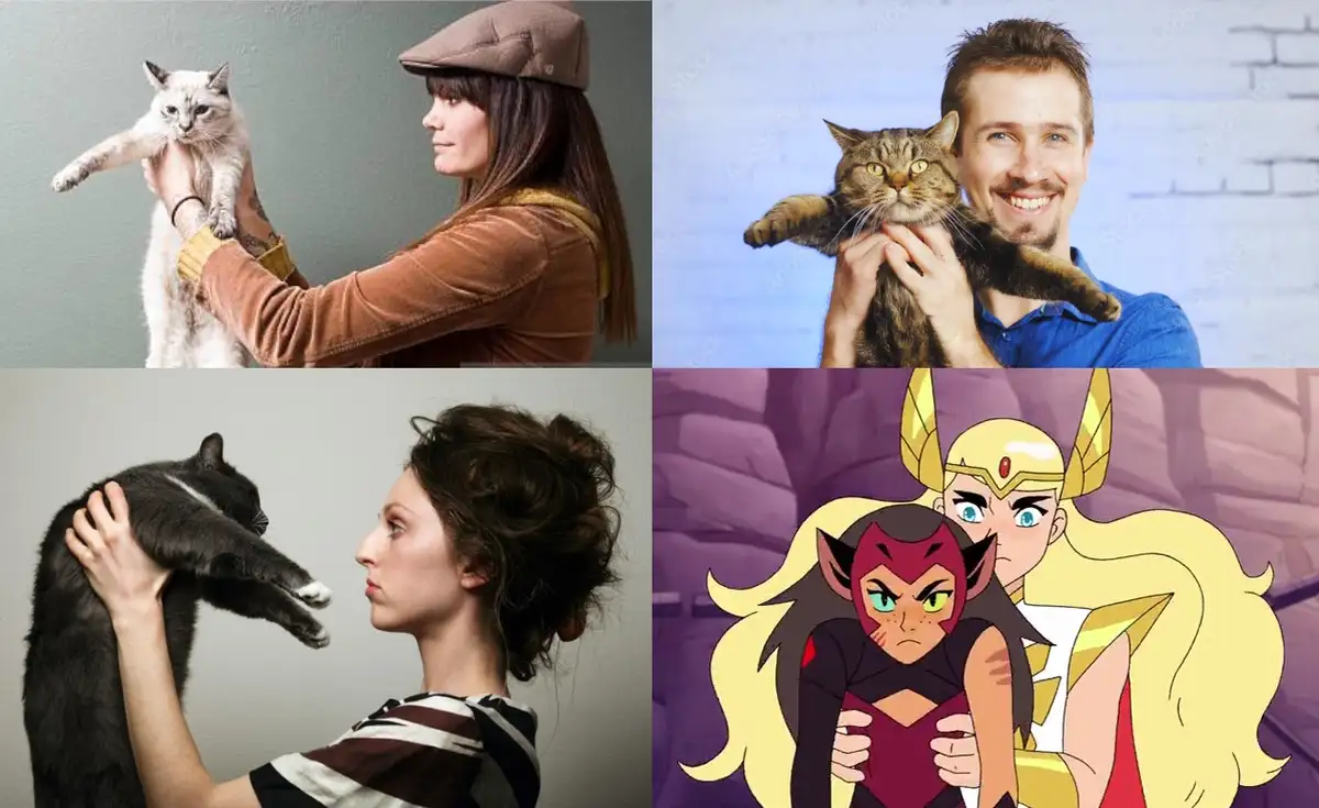 A four-panel image collage shows three people holding cats in various poses, each cat looking unimpressed or annoyed, and a…