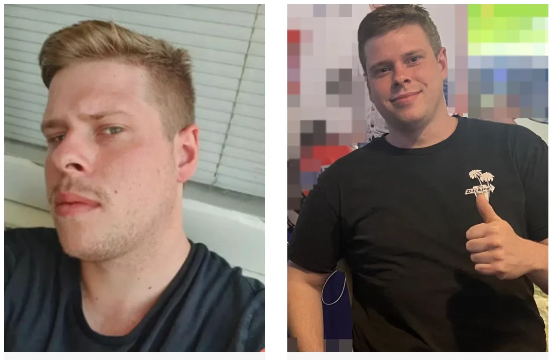 The image is a side-by-side comparison of a man. On the left, he has a confused or unimpressed facial expression, looking…