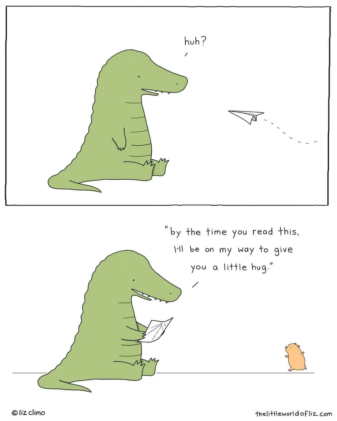 A two-panel comic shows a green alligator reacting with confusion to a paper airplane flying toward it. In the second panel…