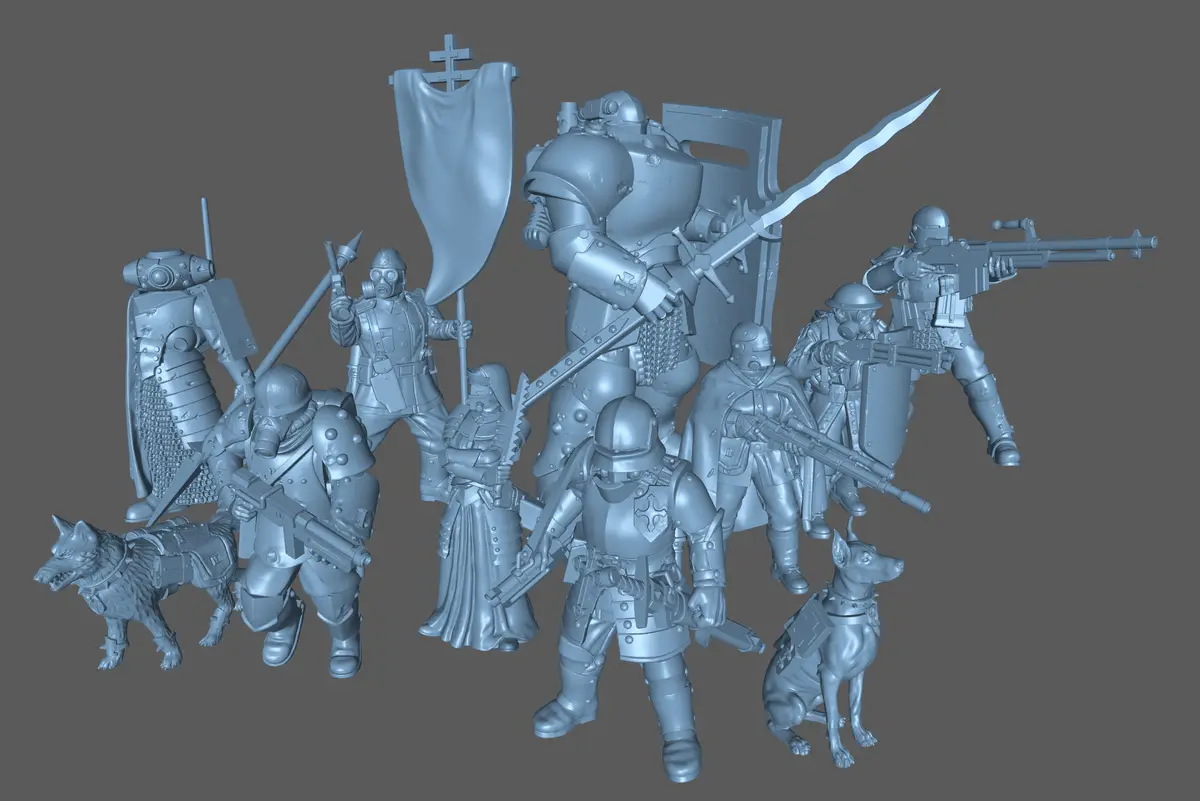 A grayscale 3D render of a diverse group of futuristic soldiers and two dogs, all in armor and holding weapons, with one…