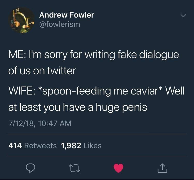 A screenshot of a tweet by Andrew Fowler (@fowlerism) showing a humorous exchange where the user apologizes for writing fake…