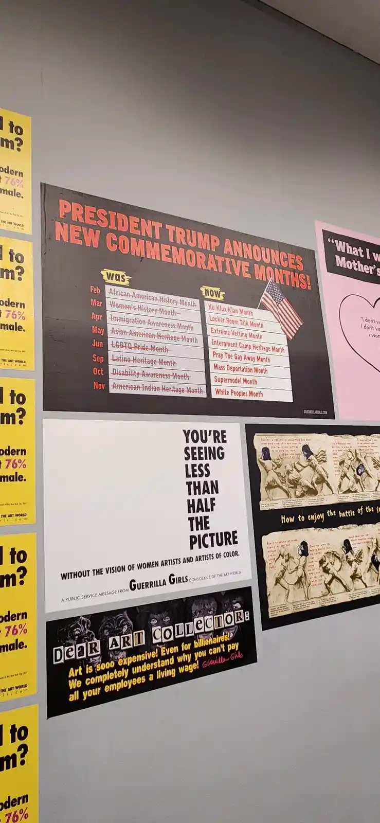 A wall displays several posters, including one titled 'PRESIDENT TRUMP ANNOUNCES NEW COMMEMORATIVE MONTHS!' that lists 'was'…