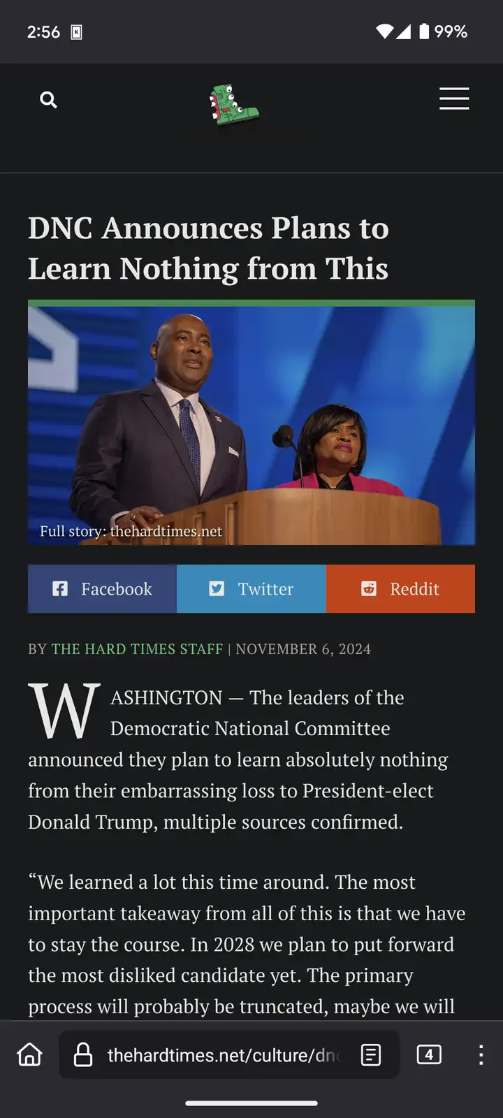 An image of two politicians at a podium is overlaid with the headline 'DNC Announces Plans to Learn Nothing from This'…