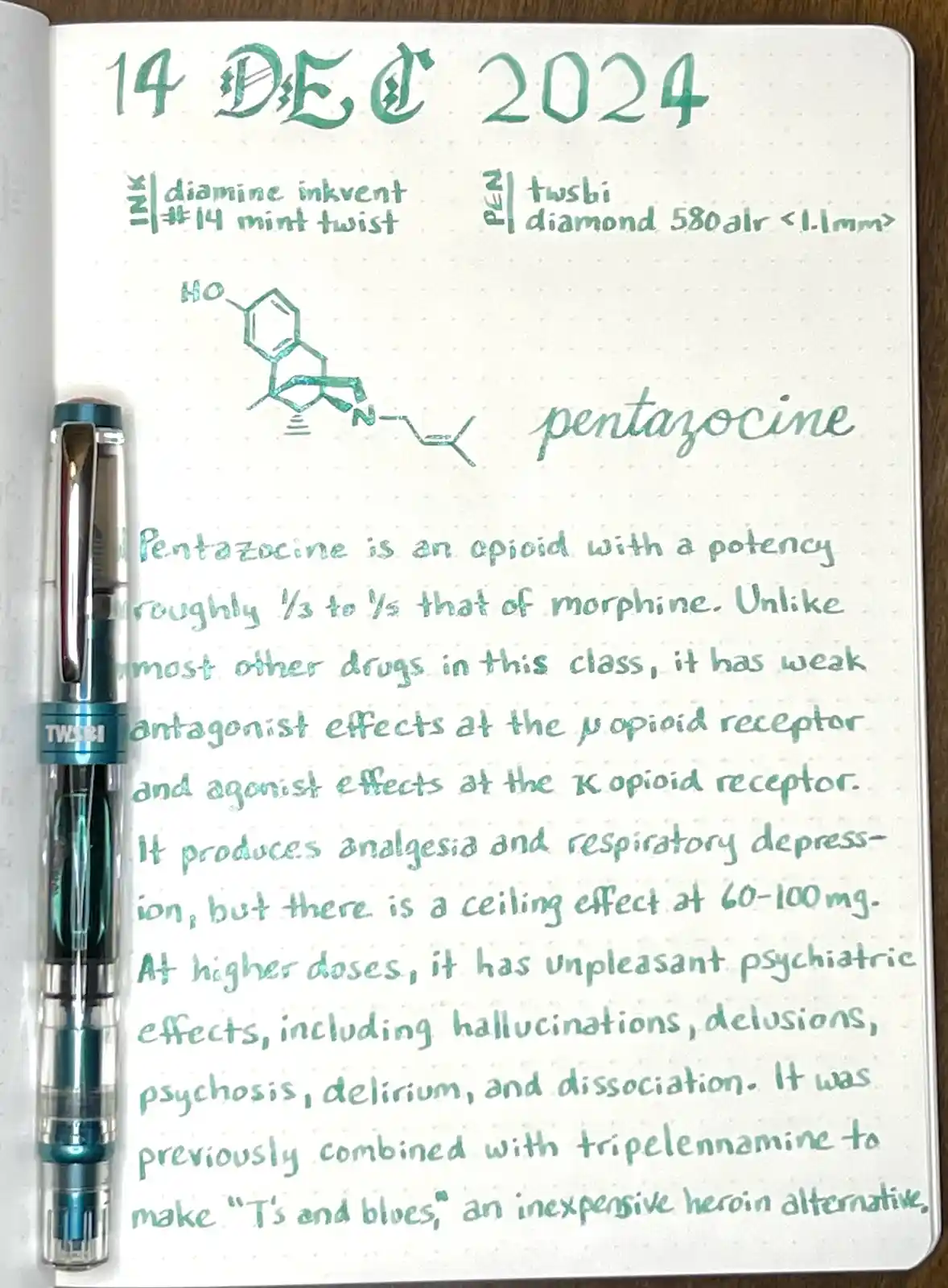 A handwritten note in a dotted notebook dated 14 DEC 2024, detailing the chemical structure and pharmacological properties…