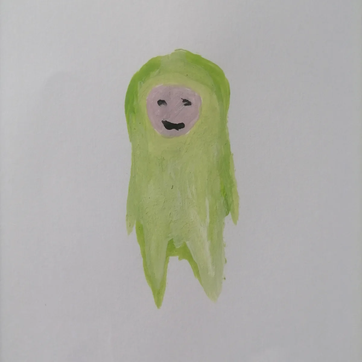 A simple, childlike painting of a green, ghost-like figure with a pink face and a smiling mouth, set against a plain white…